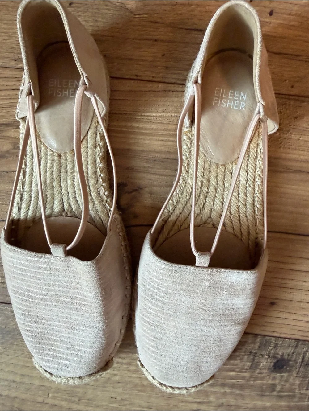 Eileen Fisher Blush Nude Suede Metallic stripe Espadrille Flats 7 strappy ballet